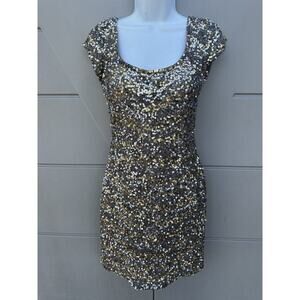 Scala Y2K Gold All Over Sequins Silk V-neck Shelf Bra Mini Cocktail Dress Sz 4